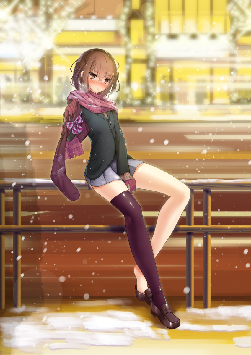 1girl, absurdres, asymmetrical_legwear, blush, breath, brown_eyes, brown_hair, dobunezumi, feet, female_focus, full_body, gift, gloves, highres, looking_at_viewer, open_mouth, original, panties, putting_on_footwear, railing, removing_shoe, scarf, shoe_dangle, short_hair, single_thighhigh, sitting, skirt, snow, solo, thighhighs, underwear, uneven_legwear, unworn_panties