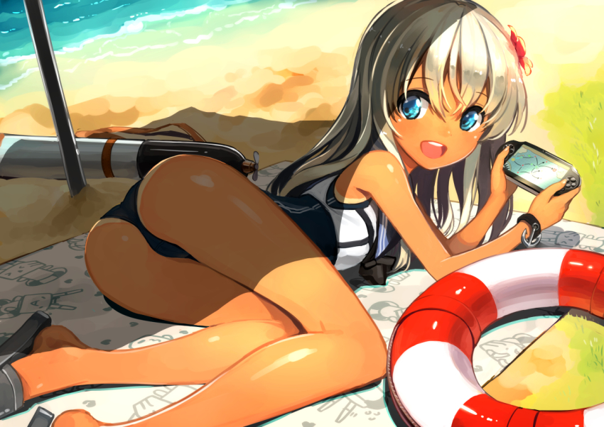 10s, 1girl, :d, ass, beach, blonde_hair, blue_eyes, crop_top, female_focus, flower, hair_flower, hair_ornament, handheld_game_console, kantai_collection, lifebuoy, long_hair, md5_mismatch, meta, moriki, one-piece_swimsuit, open_mouth, orel_cruise, playstation_portable, playstation_vita, rensouhou-chan, ro-500_(kancolle), school_swimsuit, school_uniform, smile, solo, swim_ring, swimsuit, tan, torpedo
