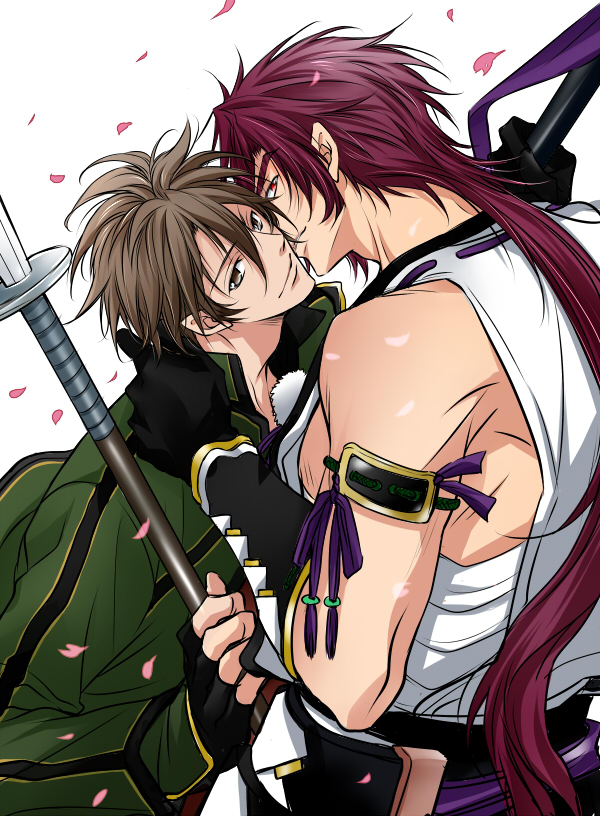 10s, 2boys, brown_eyes, brown_hair, fingerless_gloves, gloves, imminent_kiss, long_hair, male_focus, multiple_boys, otegine, petals, polearm, red_eyes, red_hair, sisido_(black_candy), smile, spear, tonbokiri_(touken_ranbu), touken_ranbu, weapon, yaoi