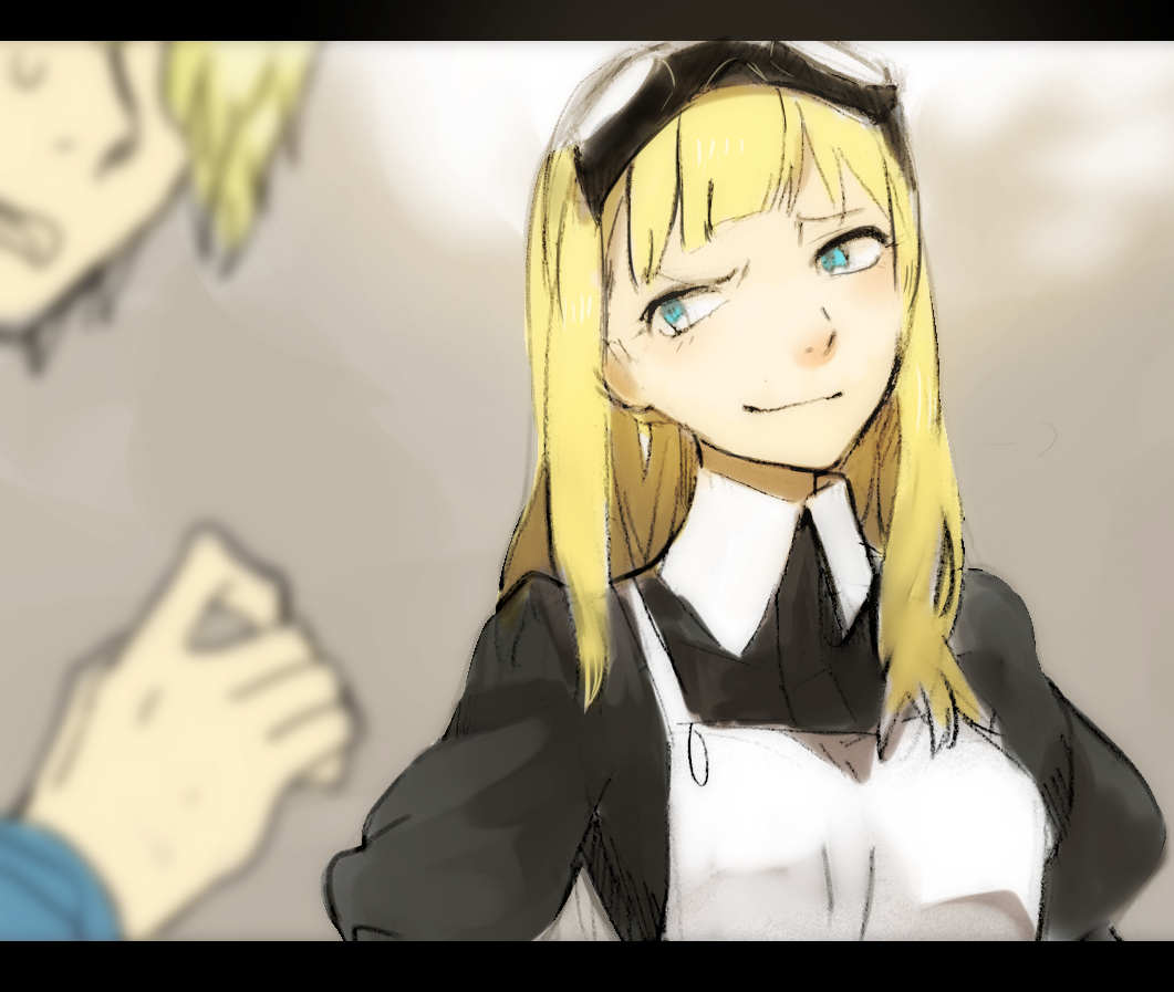 1boy, 1girl, apron, blonde_hair, goggles, goggles_on_head, green_eyes, long_hair