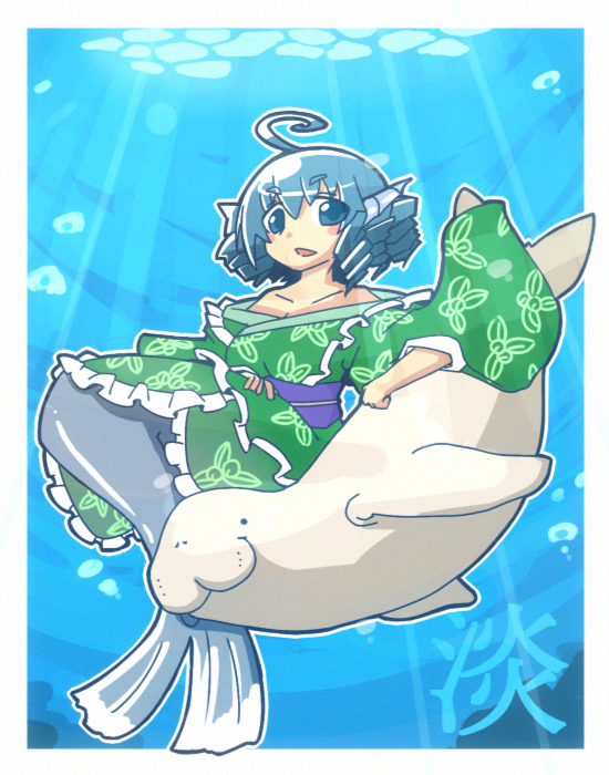 1girl, ahoge, animal, animal_ears, blue_eyes, blue_hair, drill_hair, dugong, fins, head_fins, hekoningyou_(waraningyou), hoge_(hogepp), japanese_clothes, kimono, manatee, mermaid, monster_girl, obi, sash, sea_cow, short_hair, shouningyou, touhou, underwater, wakasagihime
