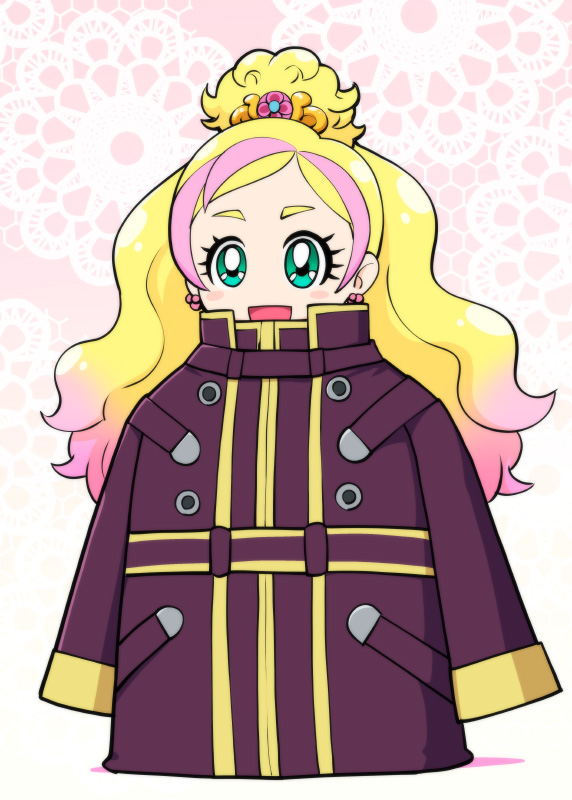 10s, 1girl, aoki_hagane_no_arpeggio, blonde_hair, coat, cosplay, cure_flora, go!_princess_precure, green_eyes, haruna_(aoki_hagane_no_arpeggio), haruna_(aoki_hagane_no_arpeggio)_(cosplay), haruno_haruka, long_hair, long_sleeves, multicolored_hair, name_connection, pink_hair, precure, sleeves_past_wrists, two-tone_hair, ueyama_michirou