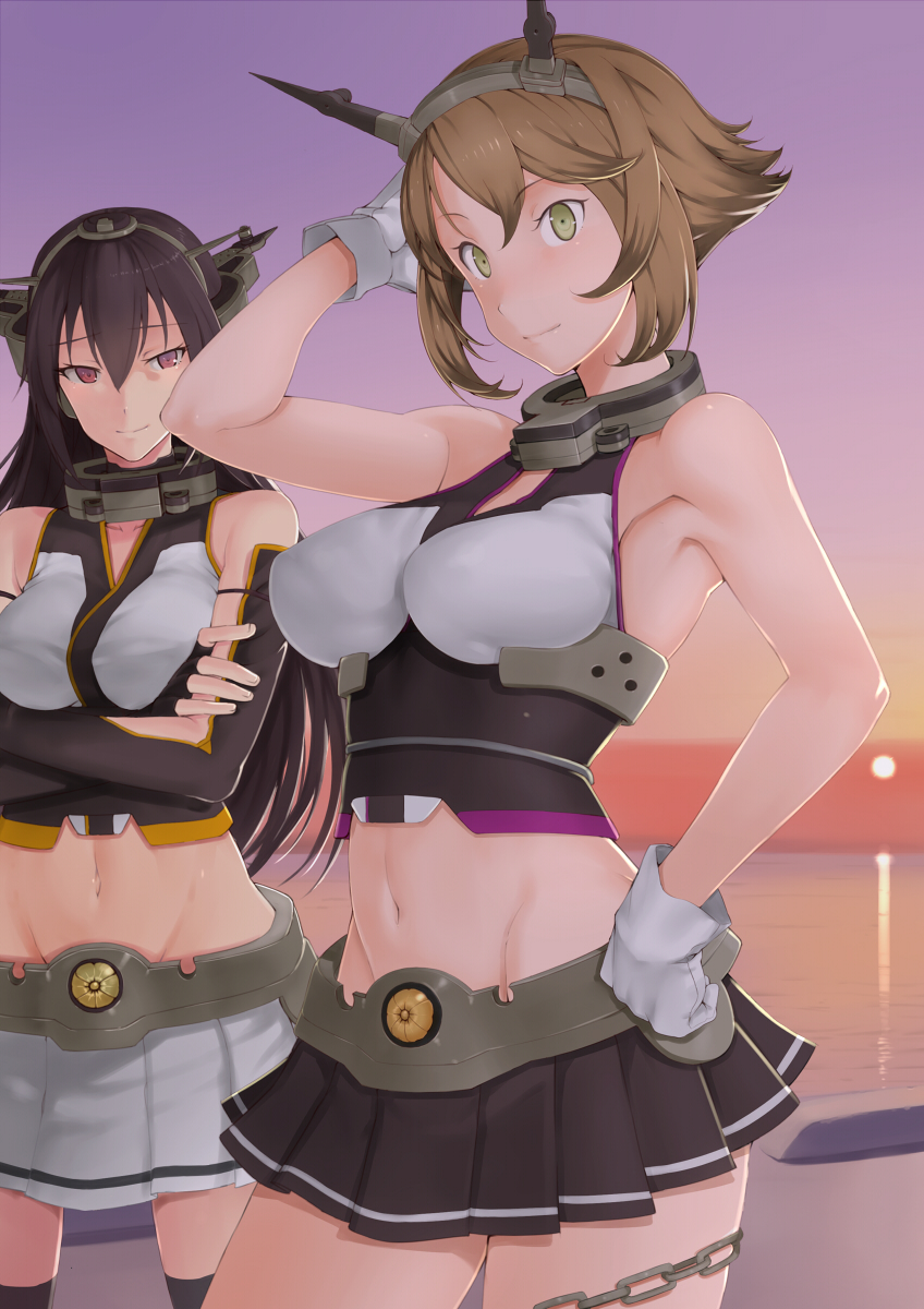 10s, 2girls, armpits, black_hair, breasts, brown_hair, chain, crossed_arms, gloves, green_eyes, groin, hand_on_own_hip, headgear, highres, kantai_collection, large_breasts, long_hair, looking_at_viewer, midriff, miniskirt, multiple_girls, mutsu_(kancolle), nagato_(kancolle), navel, red_eyes, sai_(saikun), short_hair, skirt, smile, standing, thighhighs, water, zettai_ryouiki