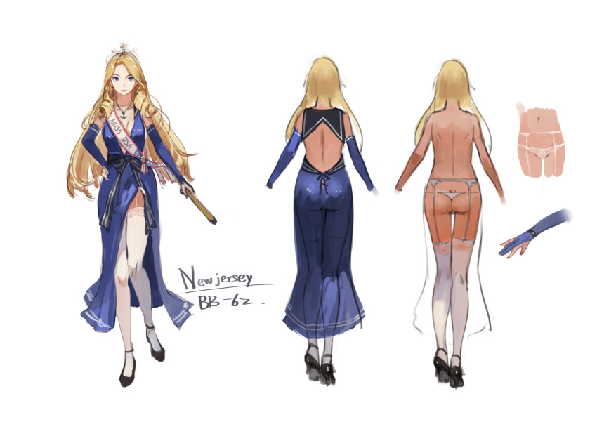 10s, 1girl, ass, blonde_hair, blue_eyes, breasts, bridal_gauntlets, butt_crack, reference_sheet, cleavage, dress, drill_hair, english_text, female_focus, flat_ass, garter_belt, hand_on_own_hip, high_heels, highres, jeanex, kantai_collection, large_breasts, long_hair, mecha_musume, multiple_views, new_jersey_(pacific), original, pacific_(kancolle), panties, personification, sash, side_slit, thighhighs, tiara, twin_drills, underwear, uss_new_jersey, uss_new_jersey_(bb-62)