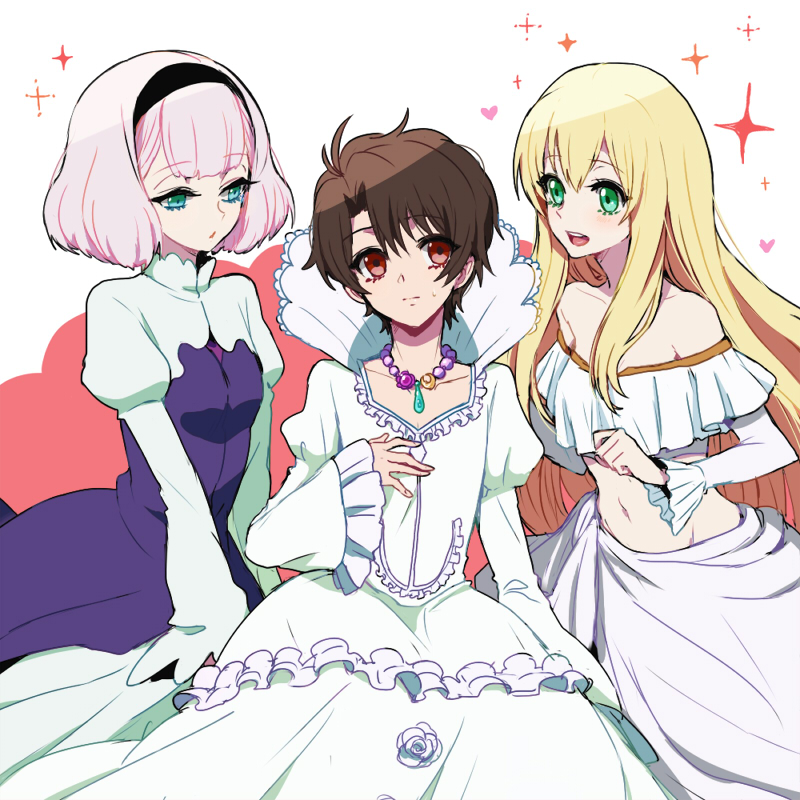 10s, 1boy, 2girls, aldnoah.zero, asseylum_vers_allusia, asseylum_vers_allusia_(cosplay), bad_id, bad_pixiv_id, blonde_hair, blue_eyes, blunt_bangs, bob_cut, brown_hair, cosplay, crossdressing, dress, hairband, kaizuka_inaho, lemrina_vers_envers, long_hair, long_sleeves, midriff, multiple_girls, puffy_long_sleeves, puffy_sleeves, purple_hair, short_hair, siblings, sisters, smile, tamaon, trap