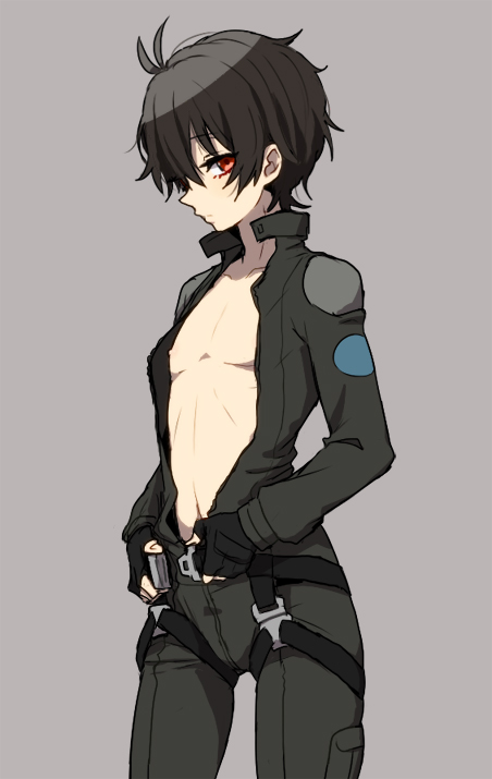 10s, 1boy, aldnoah.zero, androgynous, bad_id, bad_pixiv_id, bodysuit, brown_hair, dressing, kaizuka_inaho, male_focus, military, military_uniform, nipples, solo, tamaon