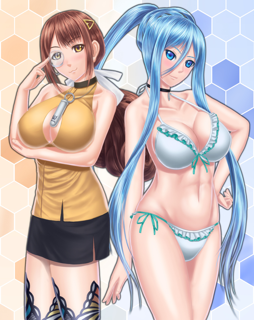 10s, 2girls, :3, aoki_hagane_no_arpeggio, bikini, blue_eyes, blue_hair, breast_hold