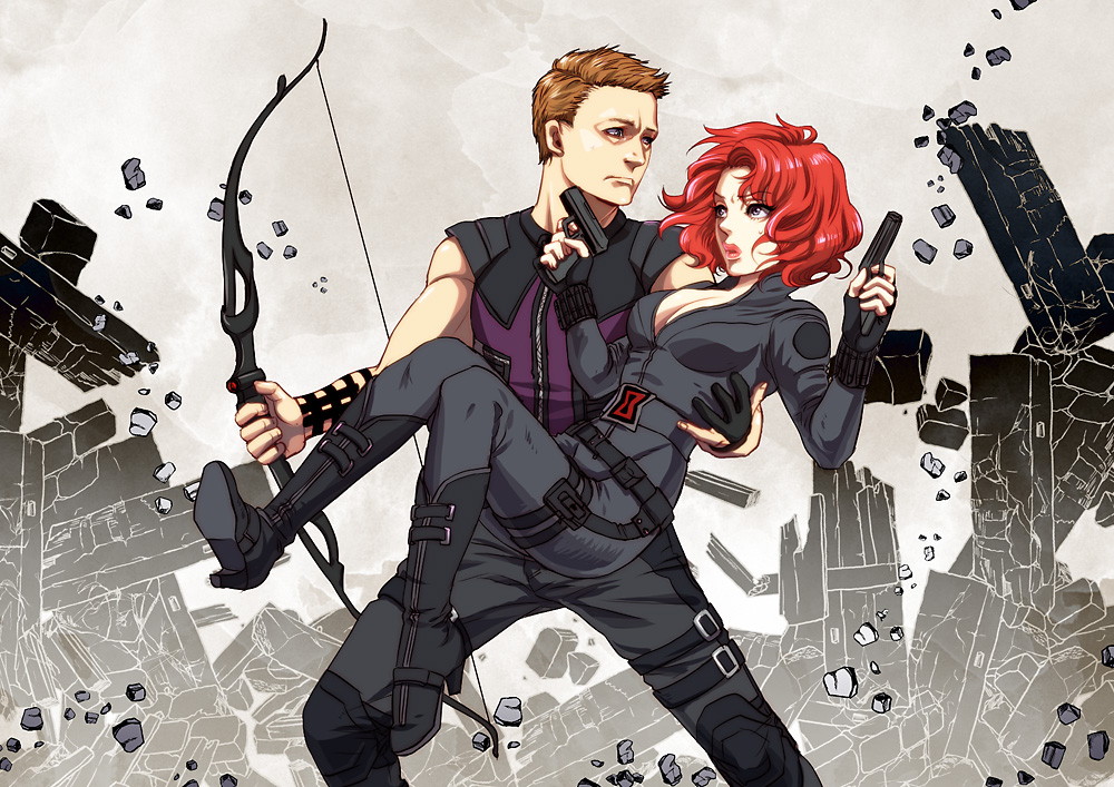 1boy, 1girl, animification, archery, avengers_(series), bare_arms, black_widow, bodysuit