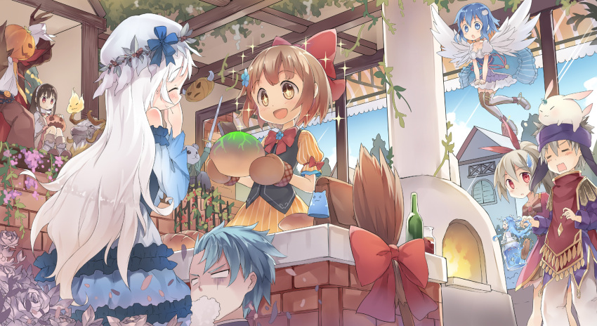 +_+, 10s, 2boys, 5girls, :d, ^_^, blue_eyes, blue_hair, bow, brown_eyes, brown_hair, closed_eyes, copyright_request, detached_sleeves, eleanor_(merc_storia), father_and_child, father_and_daughter, flower, flying, fred04142, hair_bow, hair_flower, hair_ornament, hair_ribbon, hero_(merc_storia), highres, long_hair, merc_(merc_storia), merc_storia, mini_person, minigirl, mittens, mother_and_child, mother_and_daughter, multiple_boys, multiple_girls, open_mouth, parent_and_child, ponytail, red_eyes, ribbon, short_hair, sietto, smile, sparkle, unconscious, white_hair, white_wings, wings
