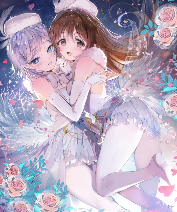 10s, 2girls, anastasia_(idolmaster), bare_shoulders, blue_eyes, breasts, brown_eyes, brown_hair