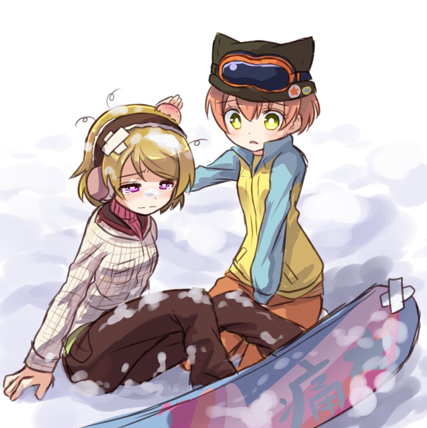 10s, 2girls, animal_hat, bandaid, between_legs, blonde_hair, brown_hair, bruise