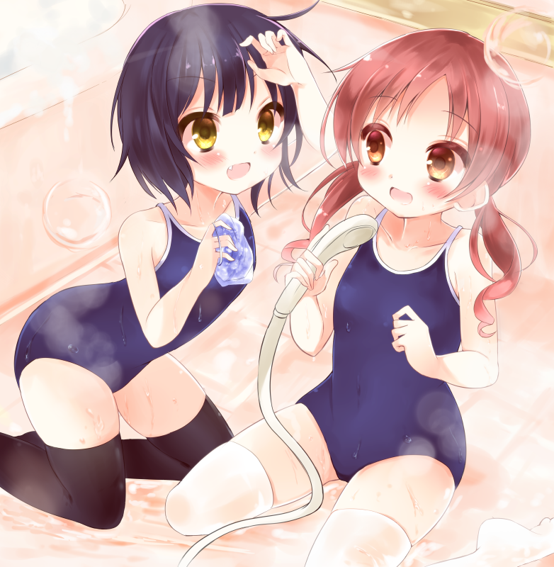 2girls, :d, bad_id, bad_pixiv_id, bad_source, bathroom, black_hair, black_socks