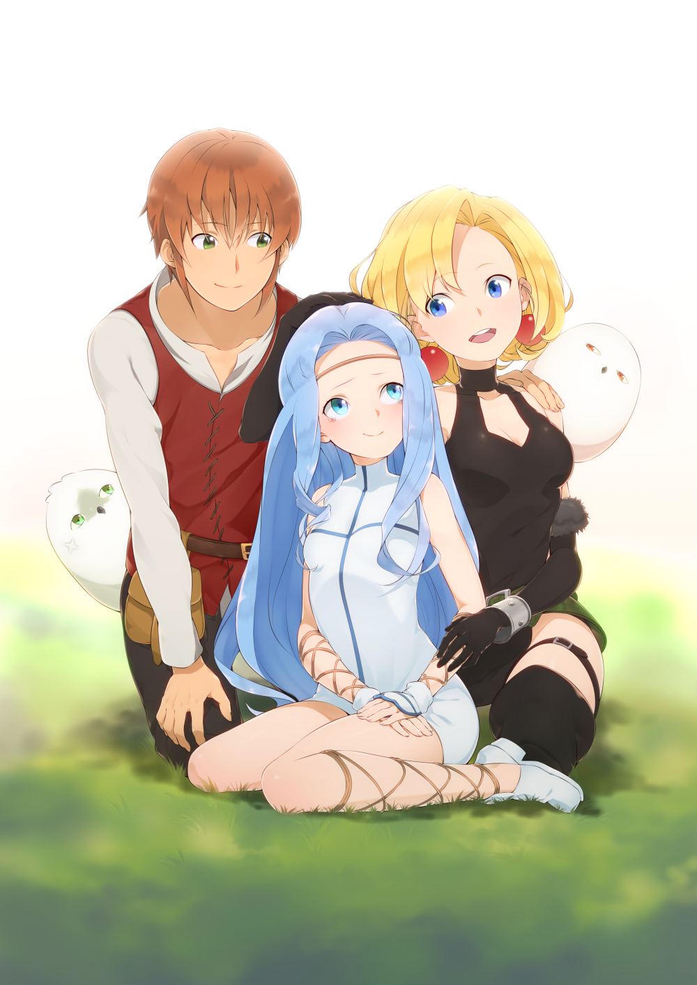 1boy, 2girls, artemis_(junketsu_no_maria), artemis_(junketsu_no_maria)_(bird), bird, blonde_hair, blue_eyes, blue_hair, earrings, ezekiel_(junketsu_no_maria), grass, highres, jewelry, joseph_(junketsu_no_maria), junketsu_no_maria, long_hair, maria_(junketsu_no_maria), midori_(mido0021), multiple_girls, owl, priapus_(junketsu_no_maria), priapus_(junketsu_no_maria)_(bird), short_hair, sitting