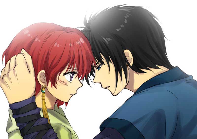 1boy, 1girl, akatsuki_no_yona, black_hair, blue_eyes, blush, earrings, forehead-to-forehead