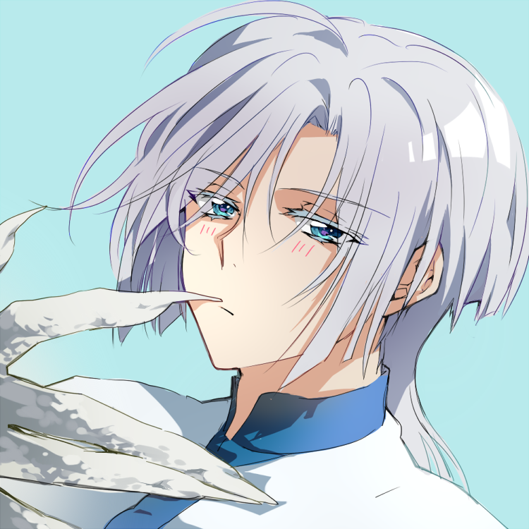 1boy, akatsuki_no_yona, blue_background, blue_eyes, colored_eyelashes, dragon_hand, gija_(akatsuki_no_yona), jin_(phoenixpear)