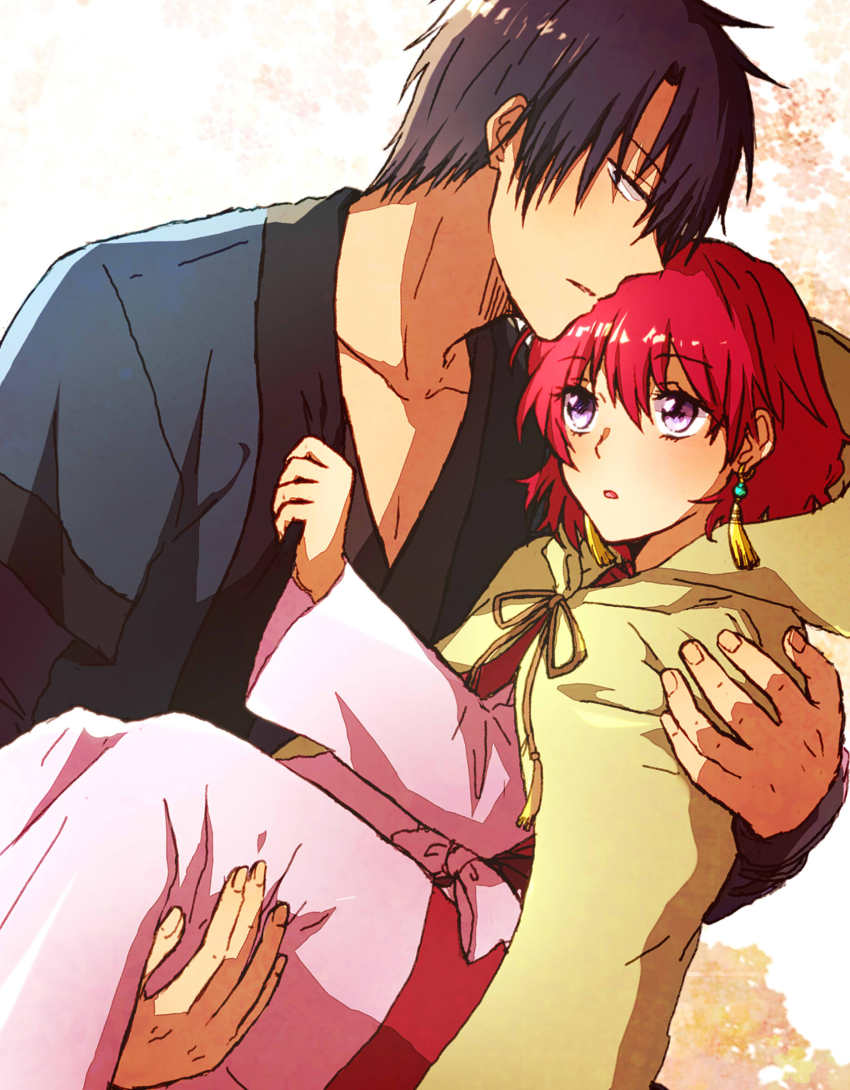 1boy, 1girl, akatsuki_no_yona, black_hair, blush, earrings, hak_(akatsuki_no_yona), highres