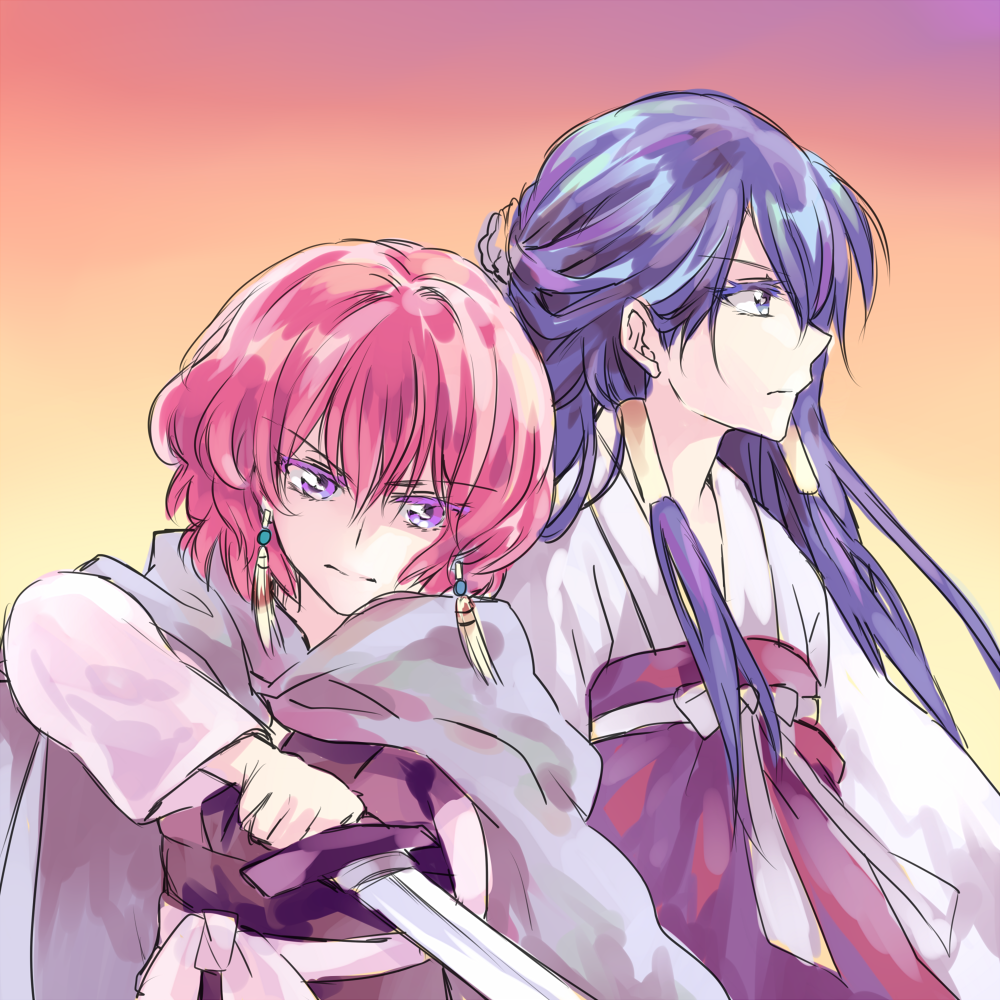 2girls, akatsuki_no_yona, an_lili, blue_eyes, blue_hair, colored_eyelashes, earrings, jewelry, jin_(phoenixpear), jin_(pixiv_1398739), long_hair, multiple_girls, purple_eyes, red_hair, short_hair, sword, tassel, tassel_earrings, weapon, yona_(akatsuki_no_yona)