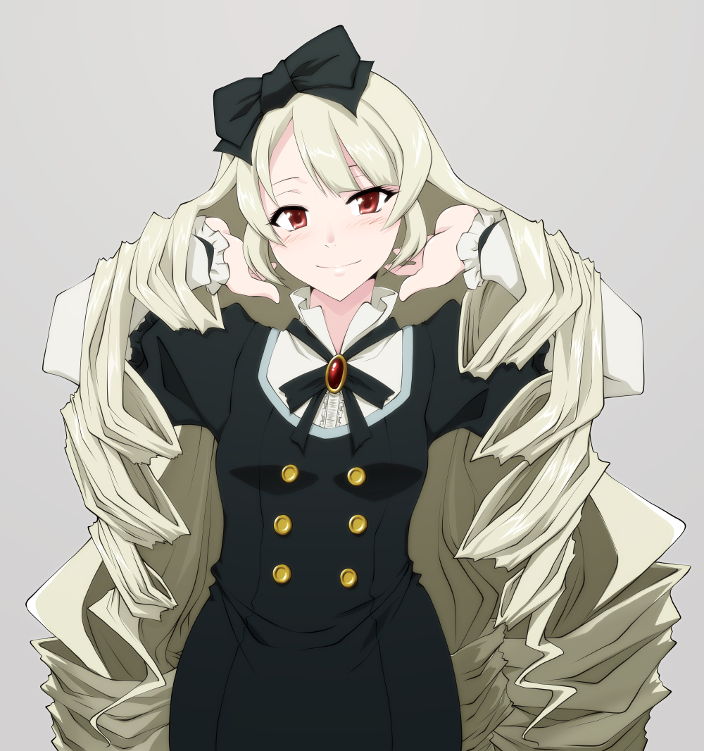 10s, 1girl, big_hair, blonde_hair, bow, dress, drill_hair, female_focus