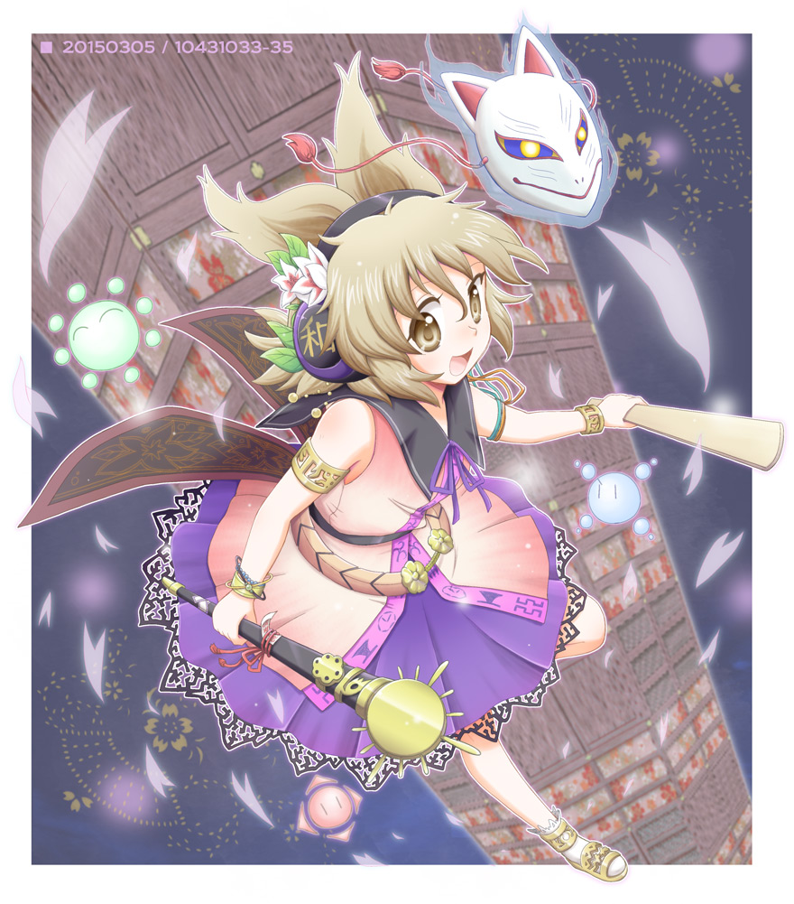 1girl, arm_ribbon, armlet, belt, blue_background, bracelet, brown_eyes, dated, divine_spirit_(touhou), dress, facing_away, female_focus, flower, fox_mask, hair_flower, hair_ornament, headphones, jewelry, light_brown_hair, manaka_(pdx), mask, open_mouth, petals, ribbon, ritual_baton, sandals, sheath, sheathed, short_hair, skirt, sleeveless, sleeveless_dress, solo, sword, touhou, tower, toyosatomimi_no_miko, weapon