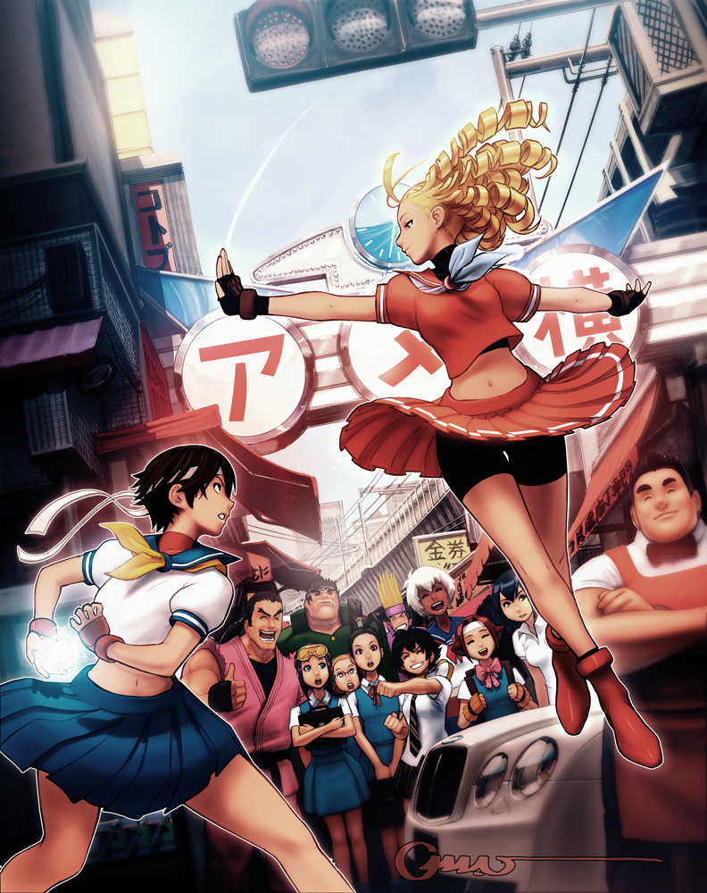 4boys, 6+girls, antenna_hair, apron, ayuhara_natsu, bad_deviantart_id, bad_id, battle, bentley, bentley_continental_gt, big_hair, bike_shorts, black_hair, blonde_hair, blue_sailor_collar, capcom, car, company_connection, crossover, dark_skin, elena_(street_fighter), fingerless_gloves, gloves, goggles, goggles_on_head, grin, hair_slicked_back, headband, hibiki_dan, ibuki_(street_fighter), ishizaki, isurugi_gan, justice_gakuen, kanzuki_karin, kasugano_sakura, kurosawa_sarai, long_hair, makoto_(street_fighter), midriff, motor_vehicle, multiple_boys, multiple_girls, narumi_(street_fighter), navel, necktie, omar_dogan, pleated_skirt, ringlets, sailor_collar, school_uniform, serafuku, shiritsu_justice_gakuen, short_hair, short_sleeves, skirt, smile, spiked_hair, street_fighter, thumbs_up, very_dark_skin, wakaba_hinata, white_hair, edge_(justice_gakuen)