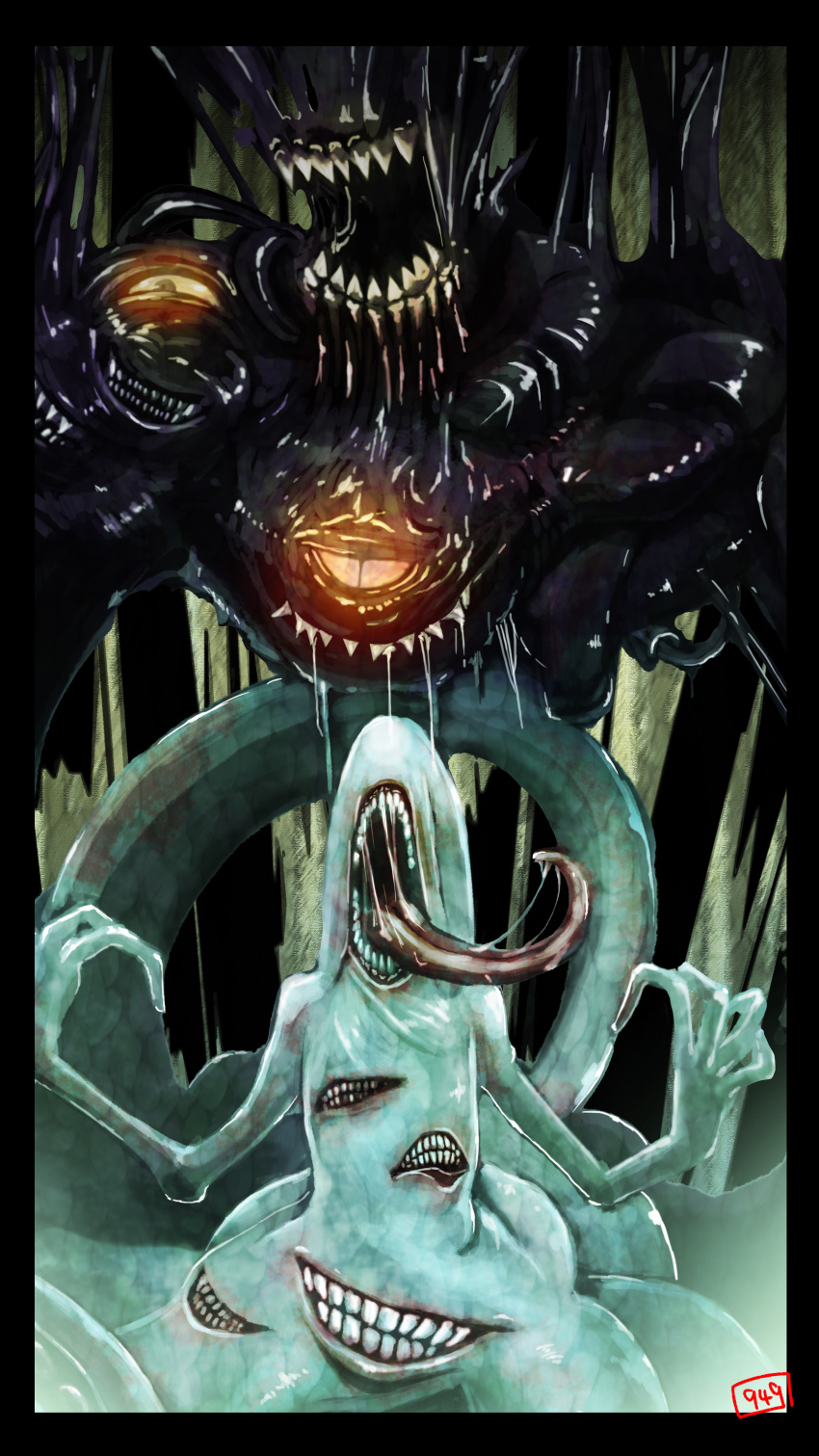 949_(king949), absurdres, creepy, drooling, duel_monster, eldritch_abomination, highres, horror_(theme), monster, no_humans, open_mouth, outer_god_azathoth, outer_god_nyarla, sharp_teeth, smile, teeth, tongue, tongue_out, yu-gi-oh!