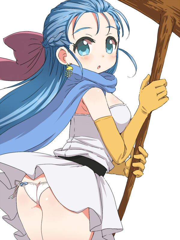 1girl, :o, ass, belt, blue_eyes, blue_hair, bow, braid