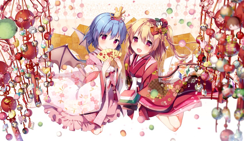 2girls, alternate_costume, ball, bat_wings, blonde_hair, blue_hair, blush, flandre_scarlet