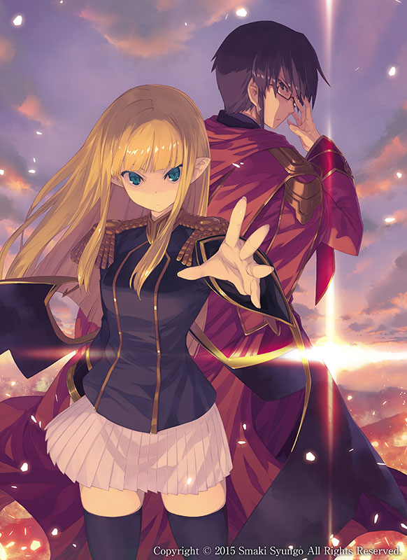1boy, 1girl, black_eyes, black_hair, blonde_hair, cape, epaulettes, hiiro_okamura