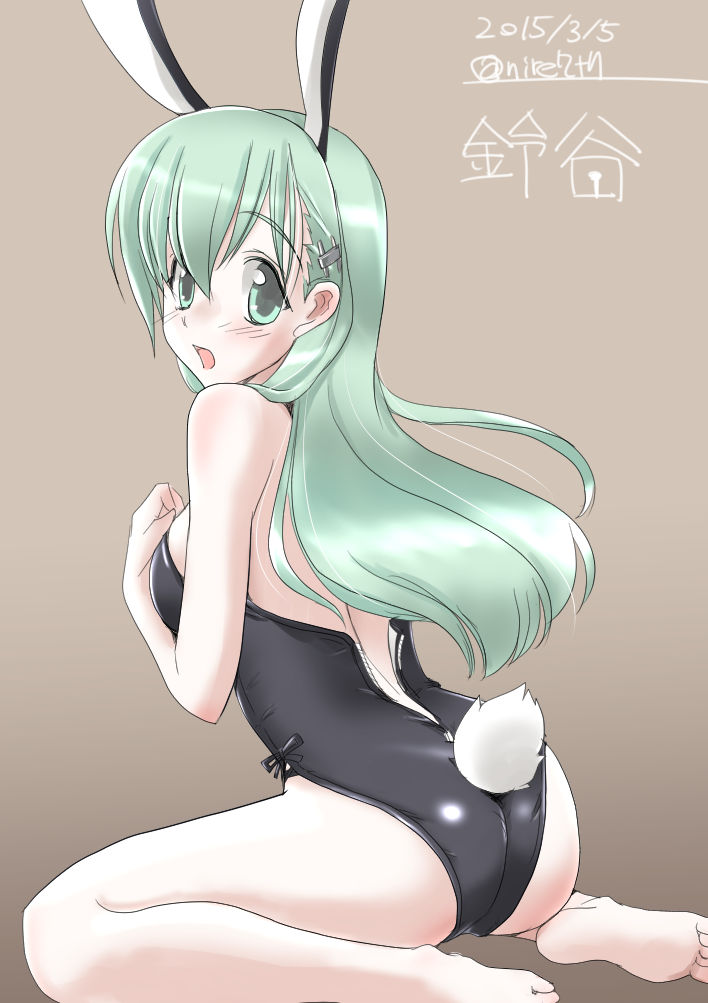 10s, 1girl, animal_ears, aqua_eyes, aqua_hair, ass, back, bad_id