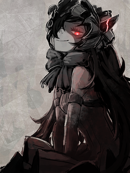 10s, 1girl, abyssal_ship, black_dress, black_hair, bodystocking, bonnet, detached_sleeves, dress, female_focus, frills, glowing, glowing_eye, gothic_lolita, horns, ichi_inaru, isolated_island_oni, kantai_collection, lolita_fashion, long_hair, mono2501, red_eyes, sitting, smile, solo, very_long_hair