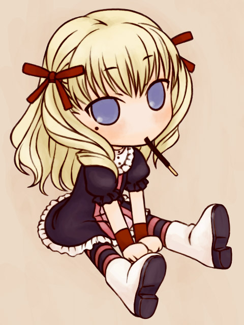 00s, 1girl, blonde_hair, blue_eyes, boots, dress, female_focus, food