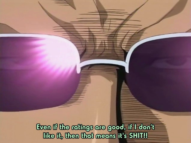 00s, 1boy, anime_screenshot, english_text, male_focus, profanity, sakigake!!_cromartie_koukou, solo, subtitled, sunglasses, truth, yamaguchi_noboru