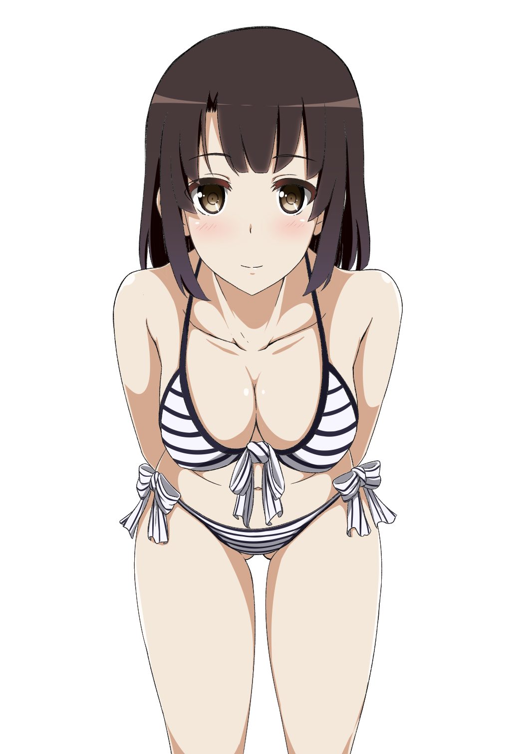 1girl, bad_id, bad_pixiv_id, bikini, black_hair, breasts, brown_eyes, cleavage, female_focus, hasshin_kaisen, highres, katou_megumi, leaning_forward, saenai_heroine_no_sodatekata, short_hair, solo, striped_bikini, striped_clothes, swimsuit