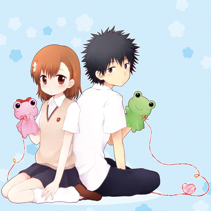 1boy, 1girl, back-to-back, bad_id, bad_pixiv_id, black_eyes, black_hair, blue_background, blush, bow, breasts, brown_eyes, brown_hair, collared_shirt, emblem, frog, from_side, full_body, gekota, hair_ornament, hairpin, hand_puppet, heart, kamijou_touma, light_smile, loafers, looking_at_viewer, looking_back, loose_socks, misaka_mikoto, nae_(rno), pants, puppet, pyonko, raised_eyebrows, red_ribbon, ribbon, school_uniform, shirt, shoes, short_sleeves, sitting, skirt, small_breasts, smile, socks, spiked_hair, string, string_of_fate, striped_background, sweater_vest, toaru_kagaku_no_railgun, toaru_majutsu_no_index, v-neck, wariza, white_legwear