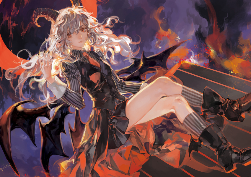 1girl, black_footwear, black_nails, boots, collared_shirt, crossed_legs, curly_hair, demon_girl, female_focus, fire, funamusea, haiiro_teien, hand_in_own_hair, horns, kneehighs, long_sleeves, nail_polish, necktie, noir_(ibaraki), orange_eyes, reficul, shirt, shoes, silver_hair, sitting, skirt, socks, solo, striped_clothes, striped_shirt, striped_socks, vertical-striped_clothes, vertical-striped_socks, vest, winged_footwear, wings
