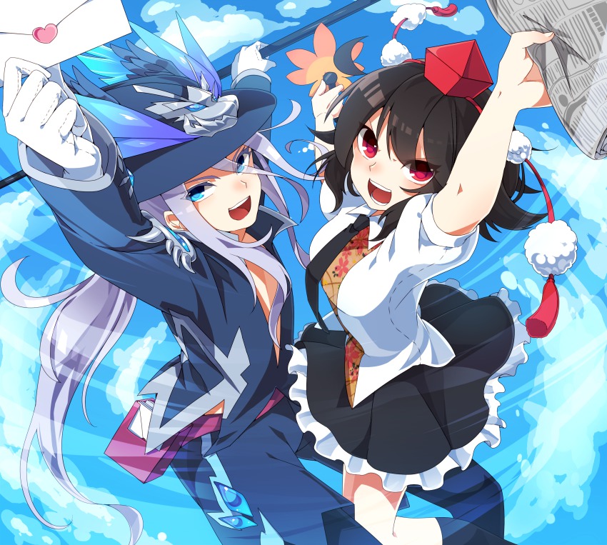 >:d, 1boy, 1girl, :d, absurdres, bad_id, bad_pixiv_id, bare_pectorals, between_legs, blue_eyes, brown_hair, envelope, face-to-face, feather_fan, formal_clothes, gloves, hat, heart, hermes_(p&amp;d), highres, jacket, jumping, kozakura_(dictionary), letter, long_hair, looking_at_viewer, miniskirt, necktie, newspaper, open_clothes, open_mouth, open_shirt, pants, pectorals, pom_pom_(clothes), puzzle_&amp;_dragons, red_eyes, shameimaru_aya, shirt, short_hair, skirt, smile, staff, suit, suit_jacket, tokin_hat, touhou, trait_connection, v-shaped_eyebrows, very_long_hair, white_gloves
