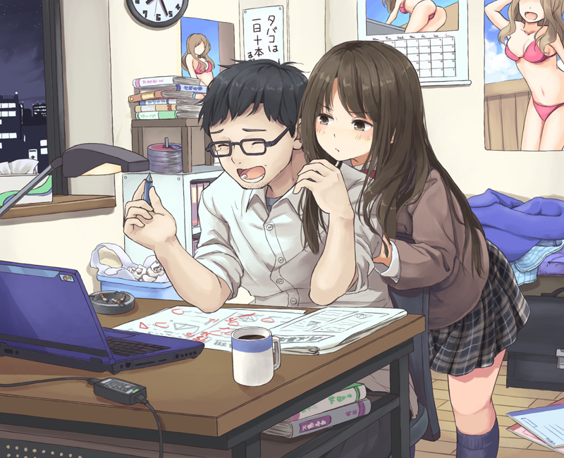 1boy, 1girl, ashtray, book, brown_eyes, brown_hair, calendar_(object), closed_eyes, coffee, coffee_mug, computer, couple, cup, drink, evening, glasses, hetero, indoors, lamp, laptop, long_hair, mug, niichi_(komorebi-palette), original, paper, pleated_skirt, poster_(medium), poster_(object), room, sakiguchi_(mikkii), school_uniform, short_hair, skirt, socks, table, tickling, tickling_armpits, unohana_kotoha, window