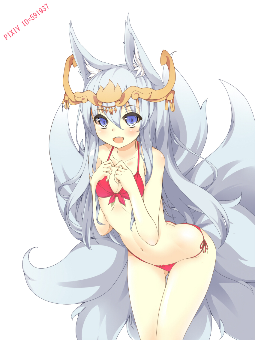 1girl, animal_ears, bad_id, bad_pixiv_id, bent_over, bikini, blue_eyes, collarbone, colored_eyelashes, female_focus, fox_ears, fox_tail, hair_ornament, highres, long_hair, mitsuki_(p&amp;d), multiple_tails, ootsuki_momiji, open_mouth, puzzle_&amp;_dragons, red_bikini, side-tie_bikini_bottom, silver_hair, smile, solo, swimsuit, tail, very_long_hair