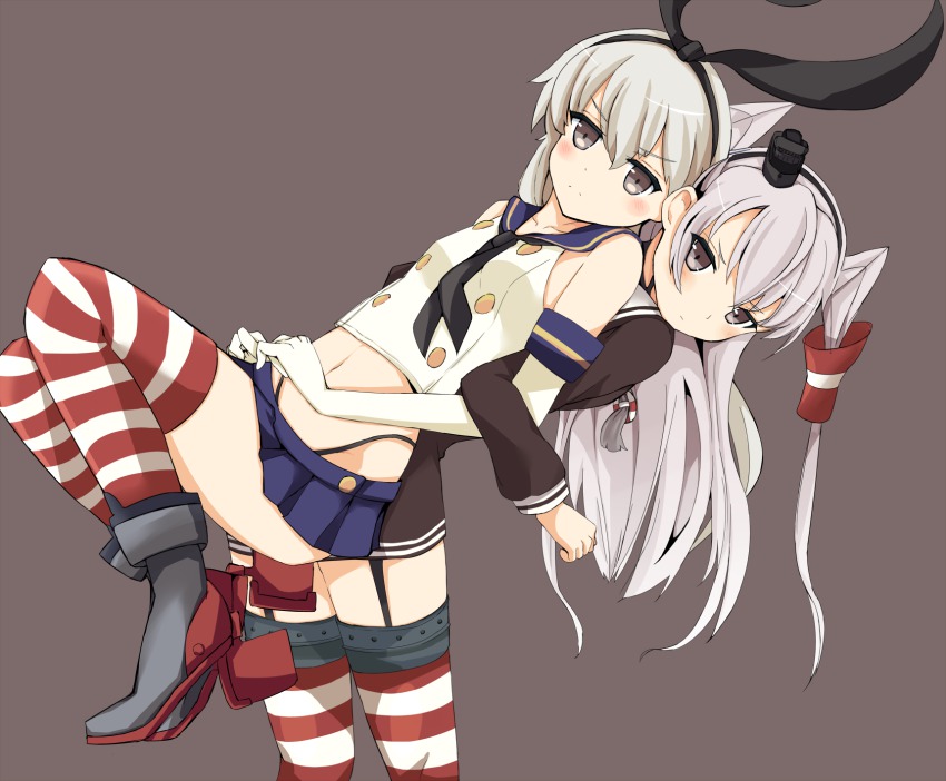 10s, 2girls, amatsukaze_(kancolle), blonde_hair, brown_background, brown_eyes, denshinbashira_(bashirajio!), dress, elbow_gloves, garter_straps, gloves, hat, highres, kantai_collection, long_hair, microskirt, multiple_girls, sailor_dress, school_uniform, serafuku, shimakaze_(kancolle), short_dress, silver_hair, simple_background, skirt, striped_clothes, striped_thighhighs, thighhighs, thong, twintails, two_side_up, zettai_ryouiki