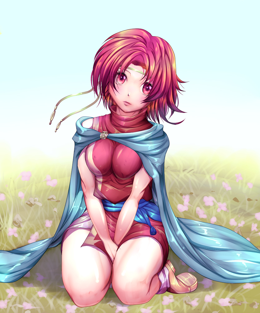 1girl, bare_legs, between_legs, breasts, cloak, dress, ewan_(fire_emblem), female_focus, field, fire_emblem, fire_emblem:_the_sacred_stones, flower, flower_field, full_body, genderswap, genderswap_(mtf), grass, hairband, hand_between_legs, harihisa, head_tilt, headband, kneeling, lips, meadow, medium_breasts, nintendo, on_ground, outdoors, red_dress, red_eyes, red_hair, sash, shoes, short_hair, sitting, sleeveless, socks, solo, tunic, yokozuwari