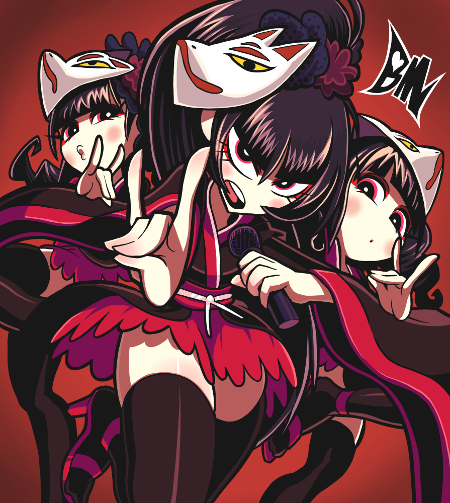 3girls, \m/, babymetal, black_hair, black_legwear, blunt_bangs, blush_stickers, commission, fox_mask, gashi-gashi, gothic_lolita, high_heels, j-rock, japanese_clothes, kikuchi_moa, lolita_fashion, long_hair, mask, mask_on_head, microphone, mizuno_yui, multiple_girls, music, musician, nakamoto_suzuka, puckered_lips, red_eyes, singing, thighhighs, wide_sleeves, zettai_ryouiki