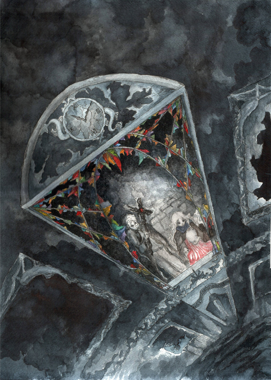 1boy, 1girl, boy_(tenshi_no_tamago), broken_glass, clock, egg, girl_(tenshi_no_tamago), glass, highres, ilone-ly, long_hair, painting_(medium), skirt, stained_glass, tenshi_no_tamago_(anime), traditional_media, watercolor_(medium), weapon, white_hair, window