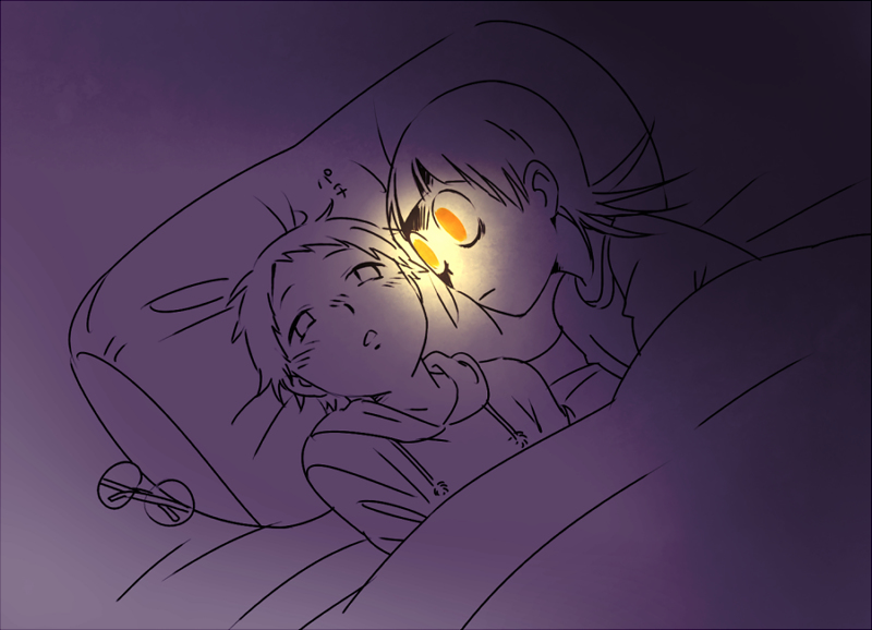 2boys, bed, blanket, dark, glasses, glowing, glowing_eyes, hood