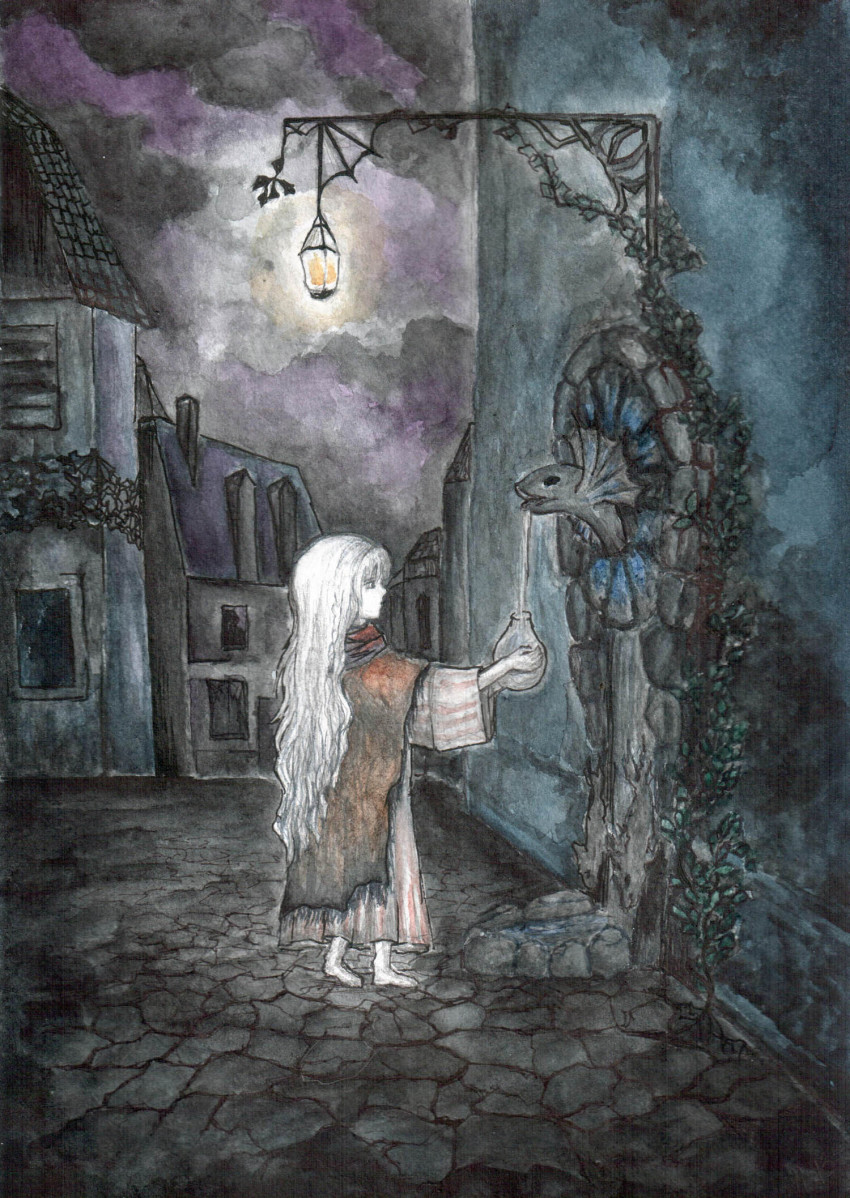 1girl, barefoot, bottle, cape, cloud, cloudy_sky, dress, female_focus, fountain, girl_(tenshi_no_tamago), highres, ilone-ly, lamp, long_hair, official_style, painting_(medium), road, sky, solo, street, tenshi_no_tamago_(anime), traditional_media, very_long_hair, water, watercolor_(medium), white_hair