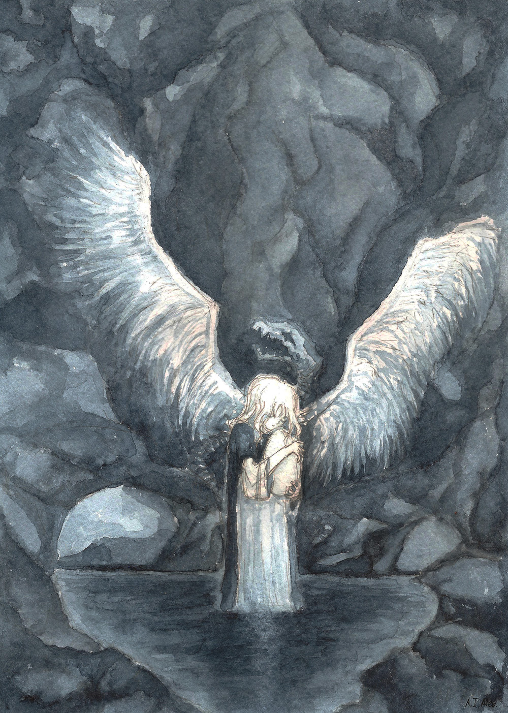 1girl, angel_wings, closed_eyes, dress, egg, female_focus, girl_(tenshi_no_tamago), highres, hugging_object, ilone-ly, painting_(medium), solo, tenshi_no_tamago_(anime), traditional_media, wading, water, watercolor_(medium), wet, wet_clothes, wet_dress, white_hair, wings