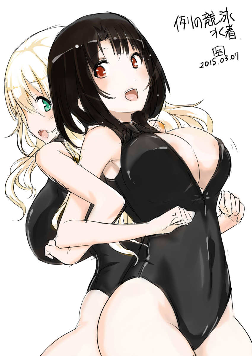 10s, 2girls, atago_(kancolle), back-to-back, black_hair, blonde_hair, breasts, cleavage_cutout