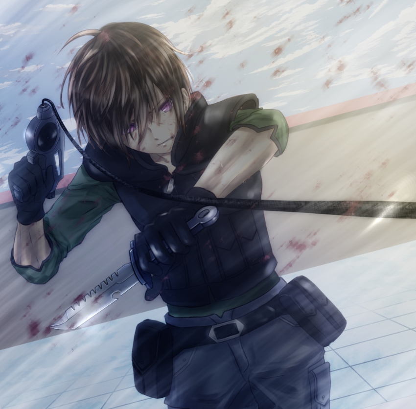 10s, 1boy, belt, brown_hair, cross_ange, gloves, knife, male_focus