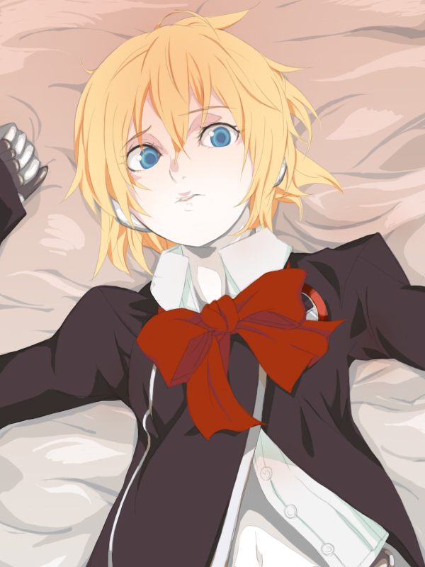 aigis_(persona), android, atlus, bed, blonde_hair, blue_eyes, bow, ghost-q