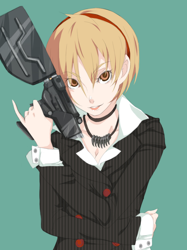 1girl, blonde_hair, brown_eyes, female_focus, ghost-q, gun, original, solo