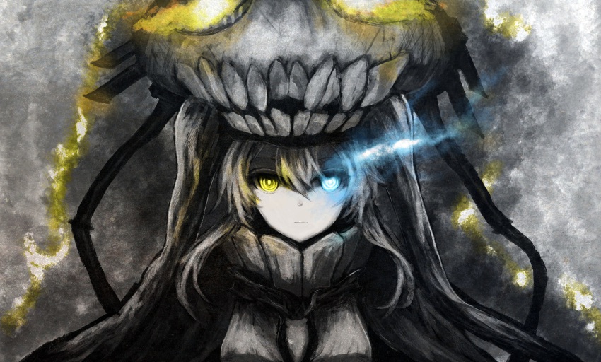 1girl, abyssal_ship, blue_eyes, bodysuit, cape, female_focus, glowing, glowing_eyes
